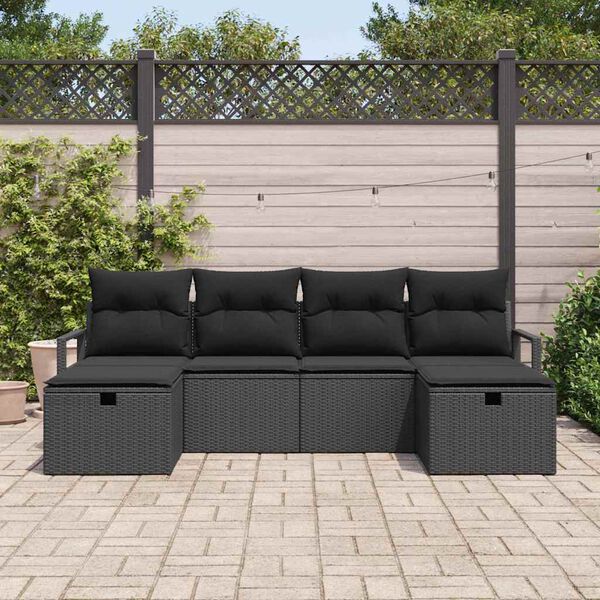 vidaXL Bankstel met kussen met opslag 6 pcs Zwart poly rattan