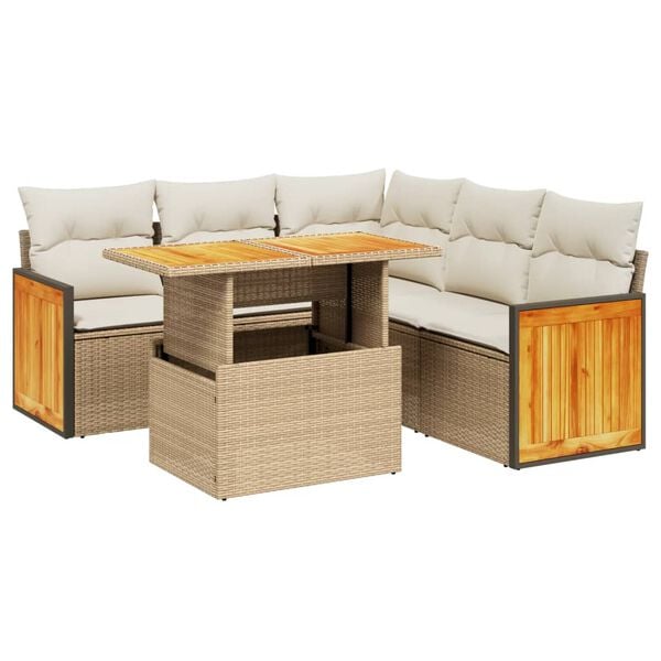 vidaXL 6-delige Loungeset met kussens poly rattan beige