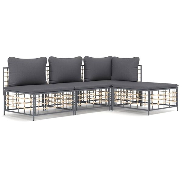 vidaXL 4-delige Loungeset met kussens poly rattan antracietkleurig