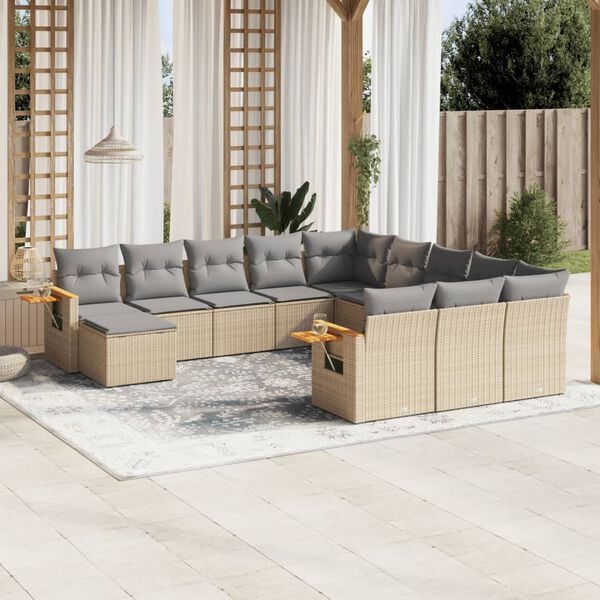 vidaXL 11-delige Tuinset met kussens poly rattan beige