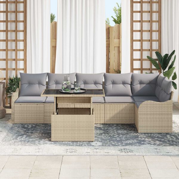 vidaXL Tuin Sofa Set met kussen met kussen 7 pcs Beige Poly Rattan