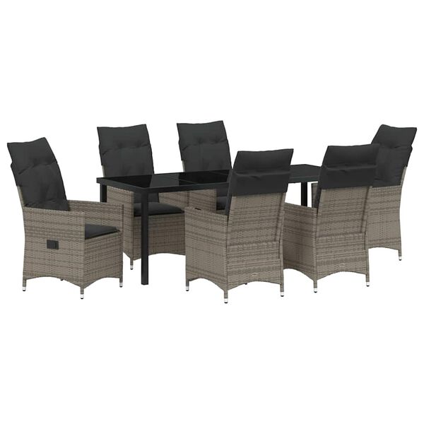 vidaXL Tuin eettafelset met kussen 7 pcs Grijs poly rattan