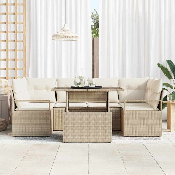 vidaXL Bankstel met kussen 7 pcs Beige poly rattan