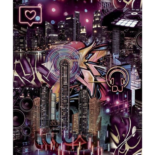 Noordwand Behang Good Vibes Skyscrapers City Icons zwart en roze