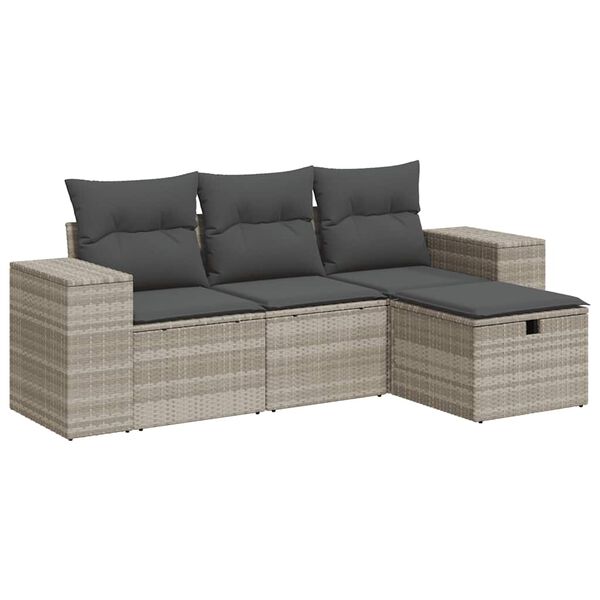 vidaXL 4-delige Loungeset met kussens poly rattan lichtgrijs