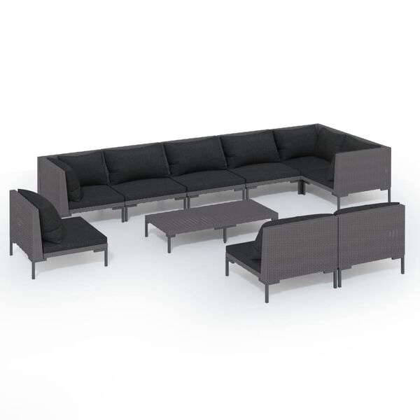 vidaXL 10-delige Loungeset met kussens poly rattan donkergrijs