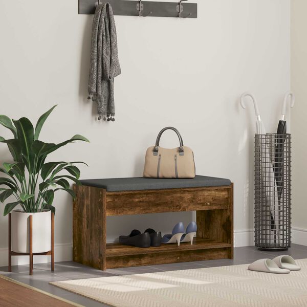 vidaXL Halbank met kussen met plank Gerookte Eik 83 x 38 x 45 cm