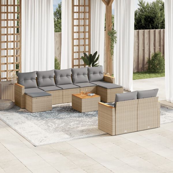 vidaXL 10-delige Loungeset met kussens poly rattan beige