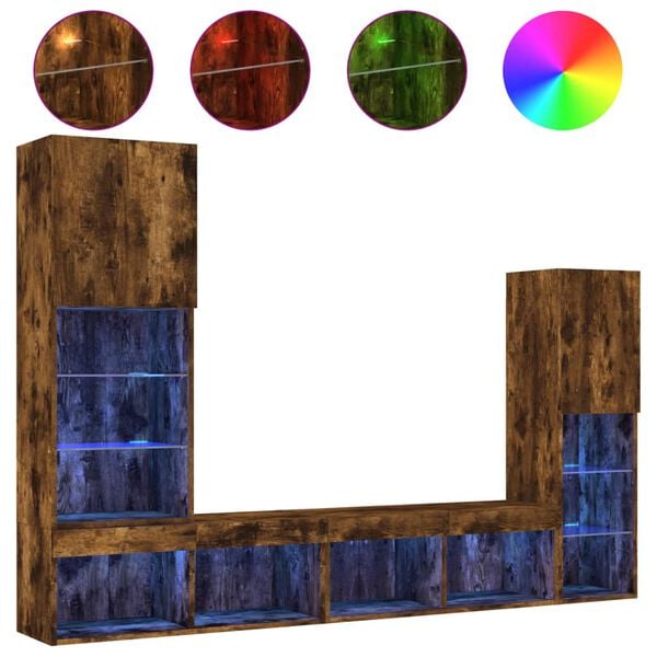 vidaXL 8-delige tv-wandmeubelset met LED bewerkt hout gerookt eiken