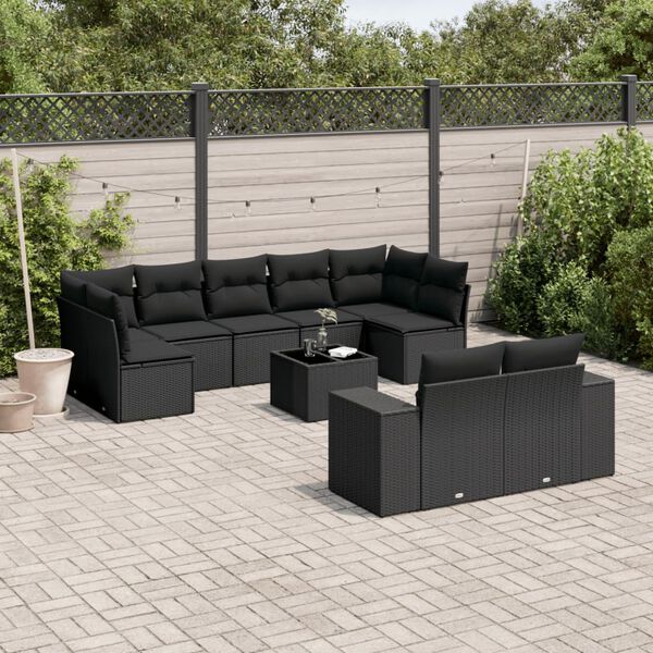 vidaXL 10-delige Loungeset met kussens poly rattan zwart