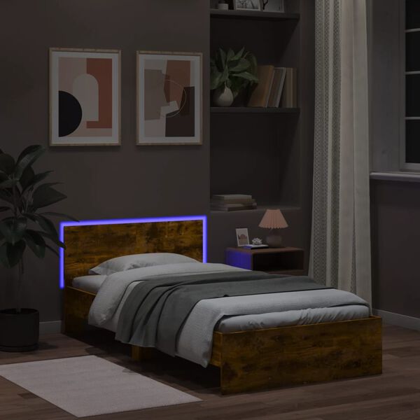 vidaXL Bedframe met hoofdbord en LED gerookt eikenkleur 100x200 cm