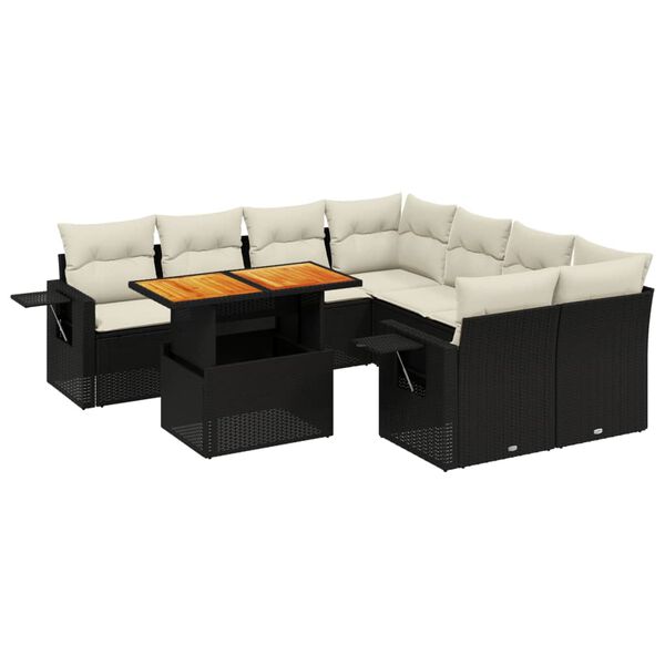 vidaXL 9-delige Loungeset met kussens poly rattan zwart