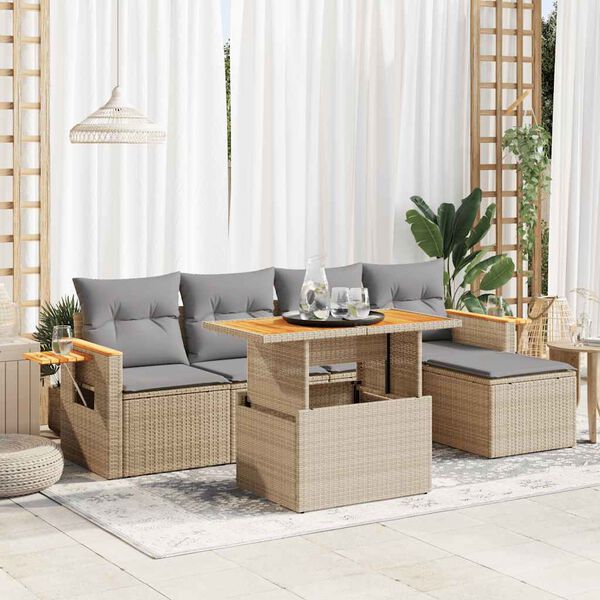 vidaXL 6-delige Loungeset met kussens poly rattan acacia beige