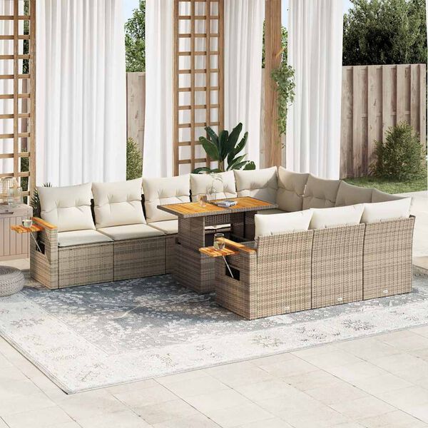 vidaXL 11-delige Tuinset met kussens poly rattan acacia beige