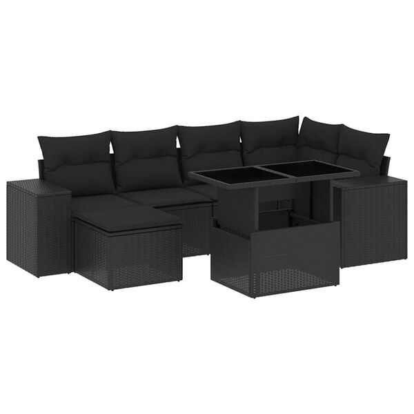 vidaXL 7-delige Loungeset met kussens poly rattan zwart