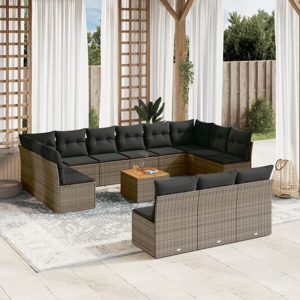 vidaXL 14-delige Loungeset met kussens poly rattan grijs