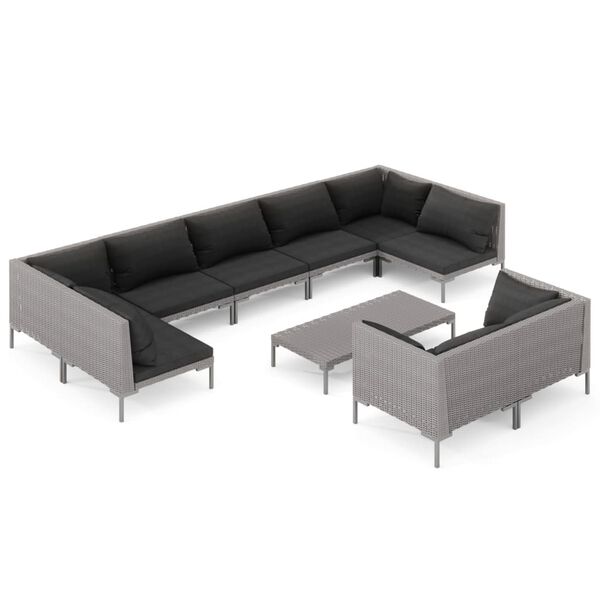 vidaXL 10-delige Loungeset met kussens poly rattan donkergrijs