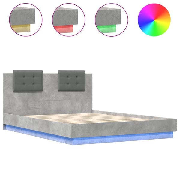 vidaXL Bedframe met hoofdbord en LED-verlichting betongrijs 120x200 cm