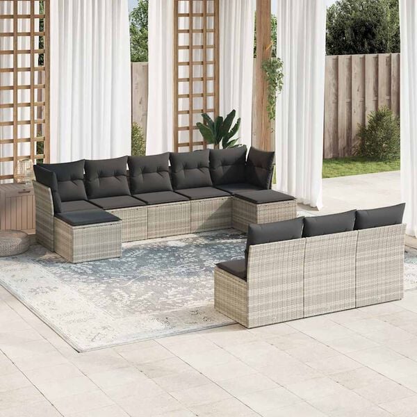 vidaXL 10-delige Loungeset met kussens poly rattan lichtgrijs