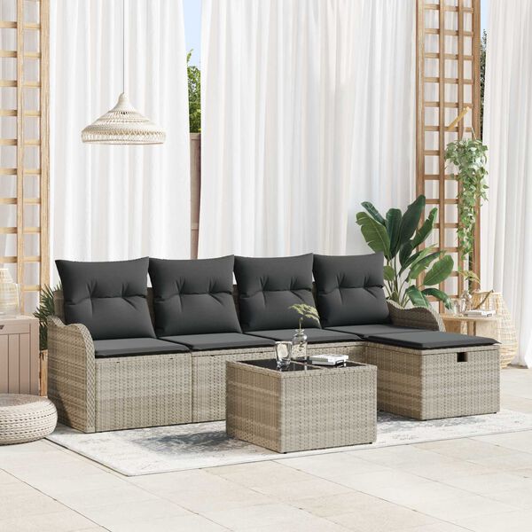 vidaXL Tuin Sofa Set met kussen met opslag 6 pcs Lichtgrijs Poly riet