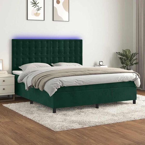 vidaXL Boxspring met matras en LED fluweel donkergroen 180x200 cm