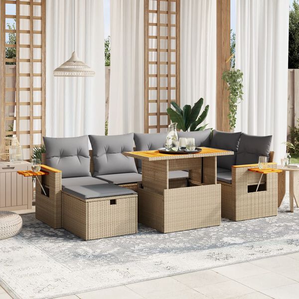 vidaXL 7-delige Loungeset met kussens poly rattan beige