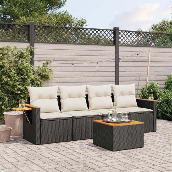 vidaXL 5-delige Loungeset met kussens poly rattan zwart