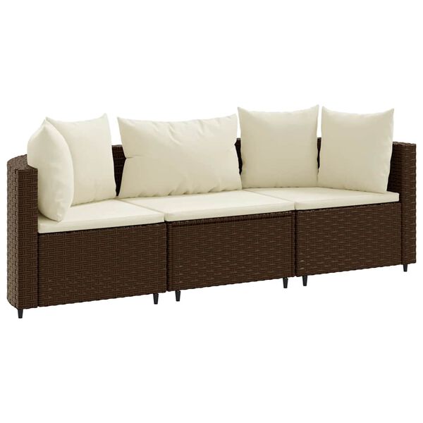 vidaXL 3-delige Loungeset met kussens poly rattan bruin