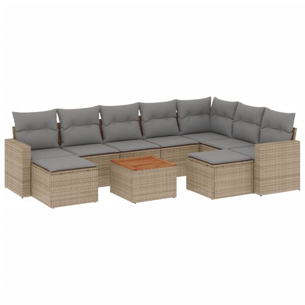 vidaXL 10-delige Loungeset met kussens poly rattan beige