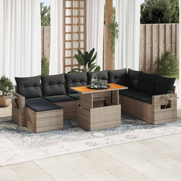 vidaXL 9-delige Loungeset met kussens poly rattan grijs