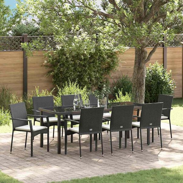 vidaXL Tuin eettafelset met kussen 9 pcs Zwart poly rattan