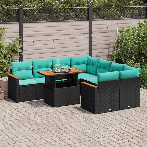 vidaXL 9-delige Loungeset met kussens poly rattan zwart