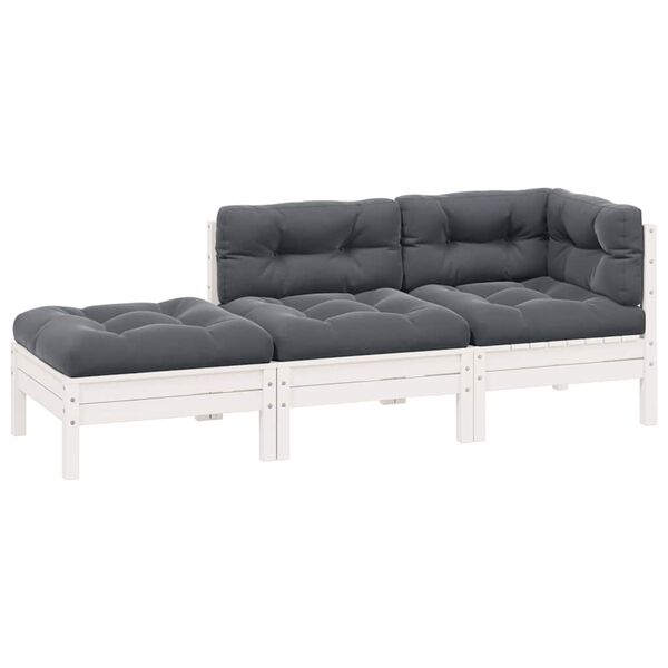 vidaXL 3-delige Loungeset met kussens massief grenenhout wit