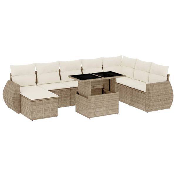 vidaXL 9-delige Loungeset met kussens poly rattan beige