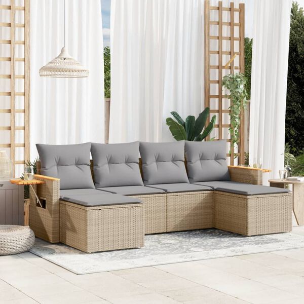 vidaXL 6-delige Loungeset met kussens poly rattan beige