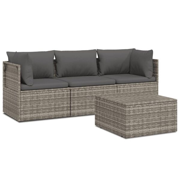 vidaXL 4-delige Loungeset met kussens poly rattan grijs