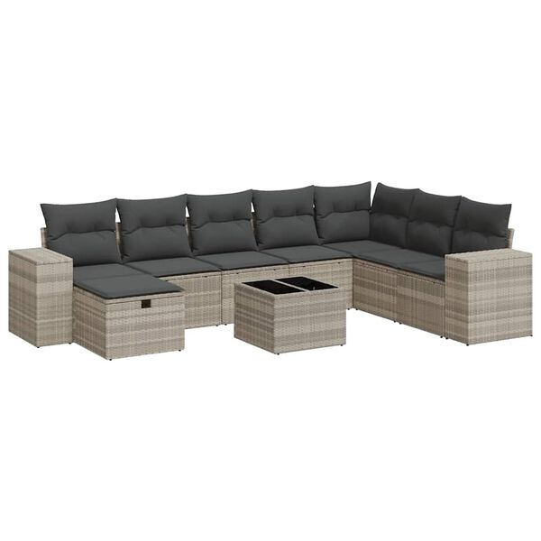 vidaXL 9-delige Loungeset met kussens poly rattan lichtgrijs