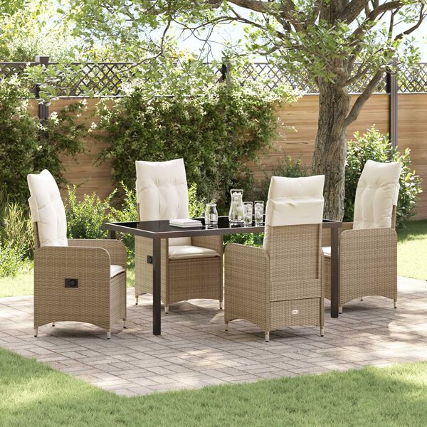 vidaXL Tuin eettafelset met kussen 5 pcs Beige poly rattan