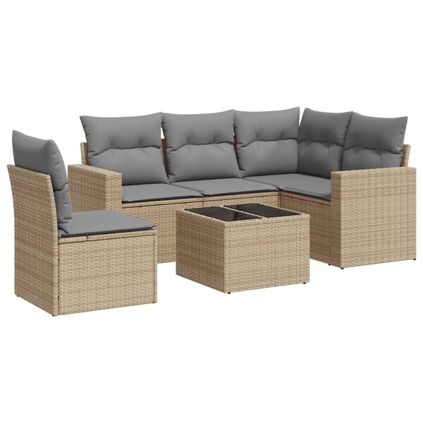 vidaXL 6-delige Loungeset met kussens poly rattan beige