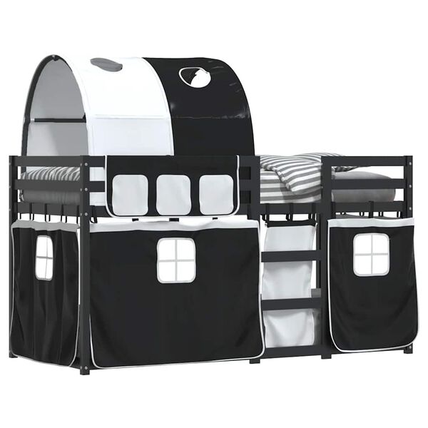 vidaXL Stapelbed met gordijnen 90x190 cm grenenhout wit en zwart