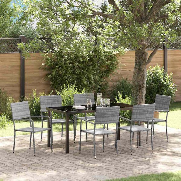 vidaXL Tuin eettafelset met kussen 7 pcs Grijs poly rattan