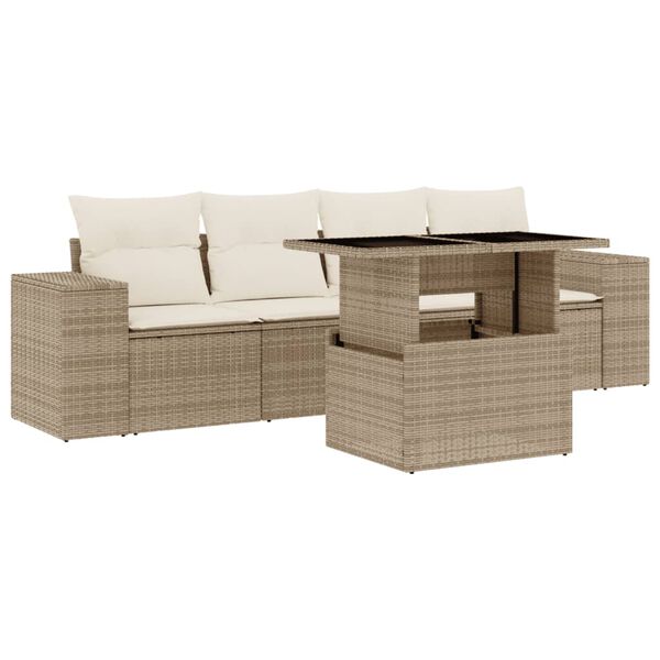 vidaXL 5-delige Loungeset met kussens poly rattan beige