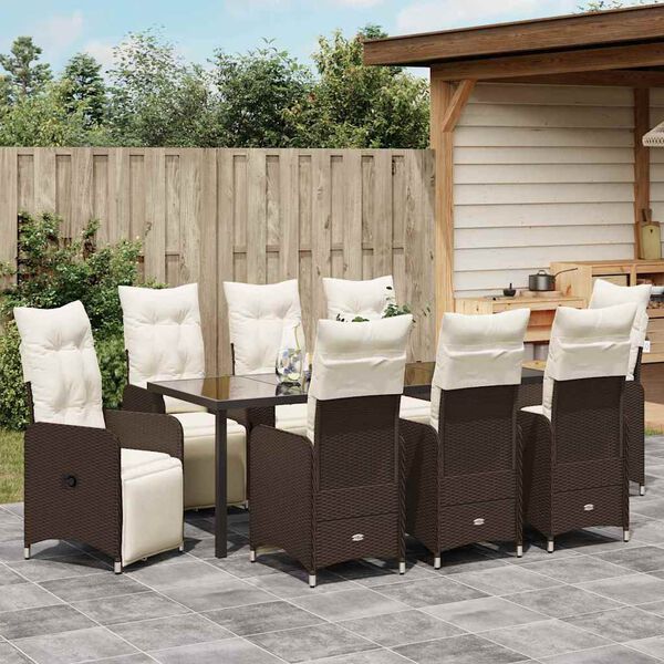 vidaXL Tuin eettafelset met kussen 9 pcs Bruin poly rattan