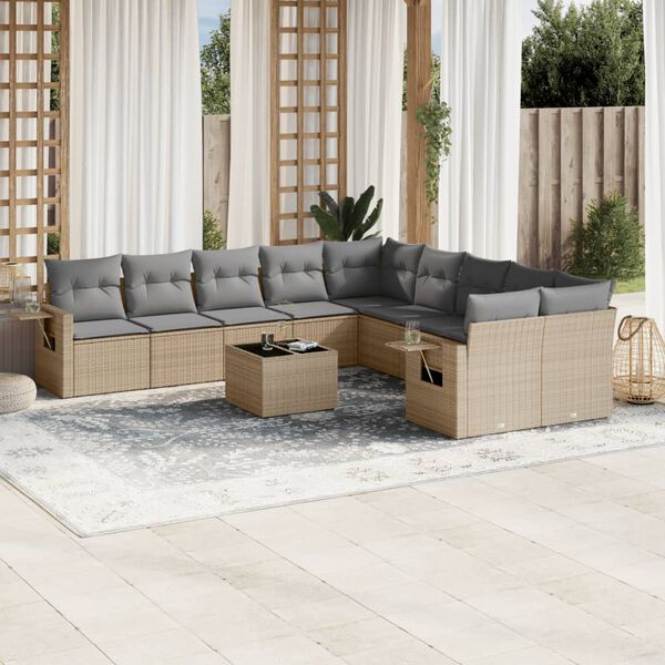 vidaXL 11-delige Tuinset met kussens poly rattan beige