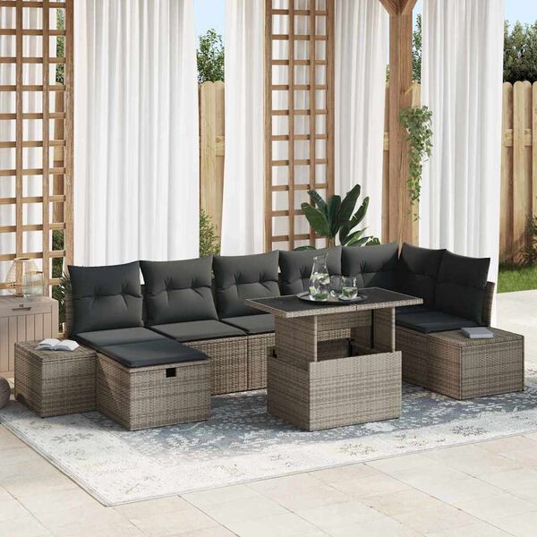 vidaXL Tuin Sofa Set met kussen met opslag 8 pcs Grijs Poly riet