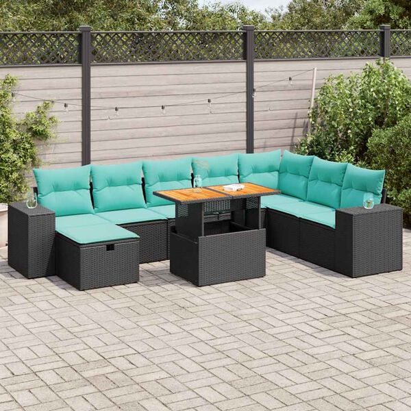 vidaXL 9-delige Loungeset met kussens poly rattan acacia zwart