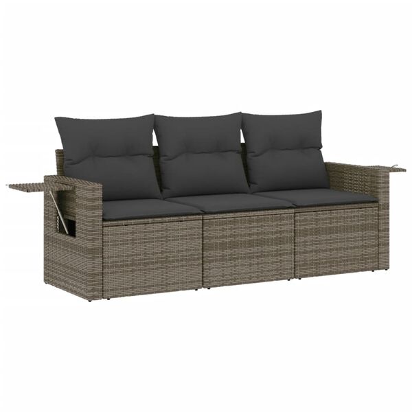 vidaXL 3-delige Loungeset met kussens poly rattan grijs