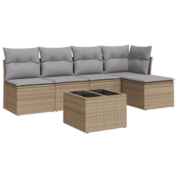vidaXL 6-delige Loungeset met kussens poly rattan beige