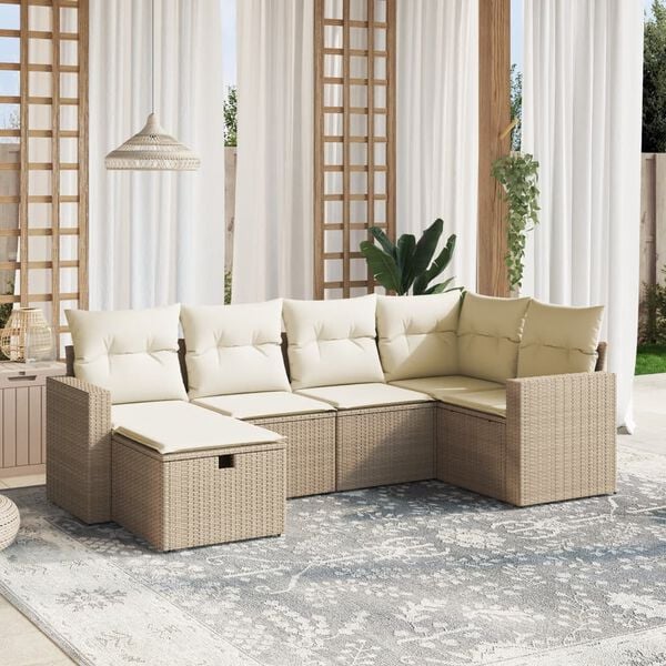 vidaXL 6-delige Loungeset met kussens poly rattan beige