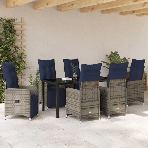 vidaXL Tafel en stoelen set met kussen 7 pcs Grijs PE Rattan